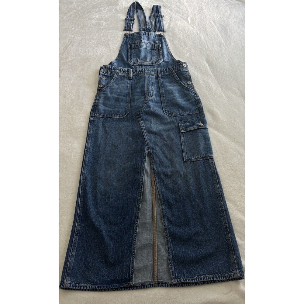 American Eagle Outfitters Dark Blue Denim Midi Overall Skirt